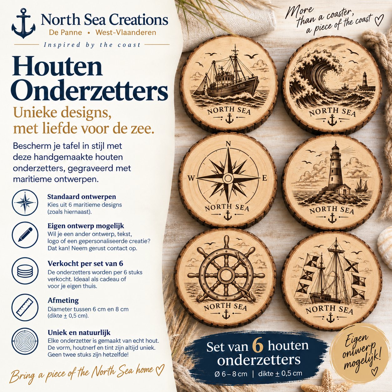 Set van zes houten onderzetters met maritieme gravures: vissersboot, golf en vuurtoren, kompas, vuurtoren, stuurwiel en zeilschip