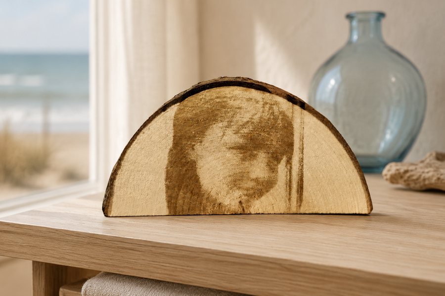 Halve boomschijf met portret op een houten kast voor het raam, met zicht op zee