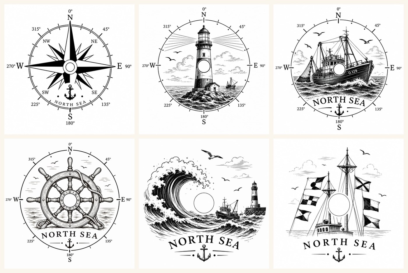 Zes ontwerpen voor leistenen onderzetters: kompasroos met anker, vuurtoren, vissersboot O.129, stuurwiel, golf met vuurtoren, en zeilschip met seinvlaggen